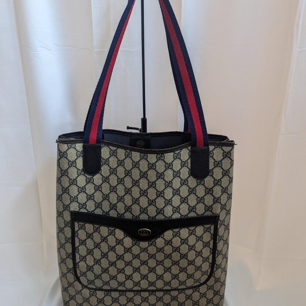 Gucci Coated Canvas with Navy Leather Accents and Navy and Red Straps with Front
